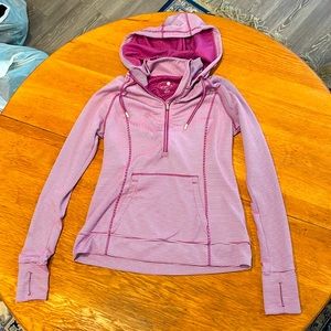Tangerine quarter zip pullover, hoodie, kangaroo pocket. Purple & white stripe